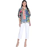 john mark Women's Loose Button Up Patch Print Tunic