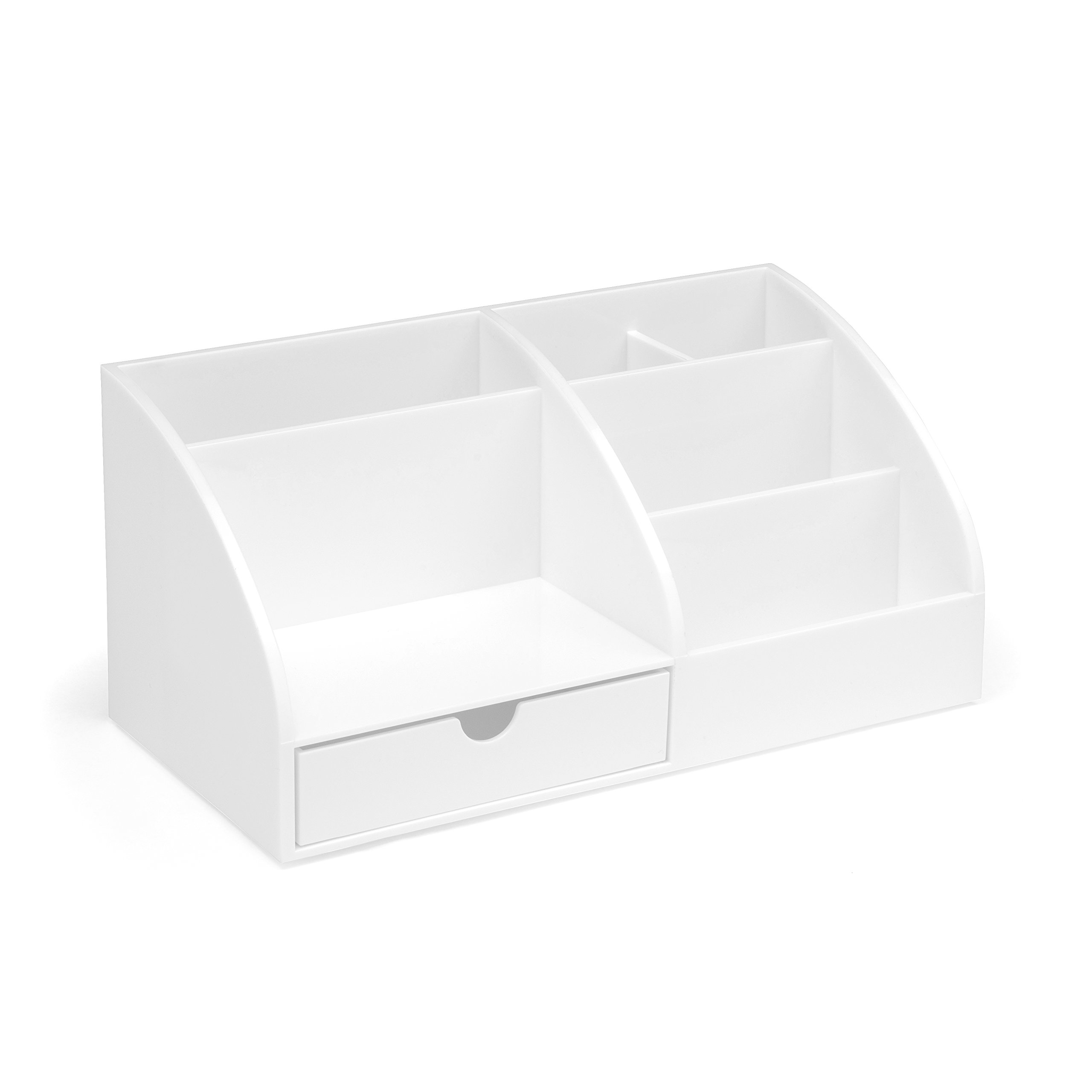 OSCO White Plastic Desk Tidy Pen Pot, 7 Section Organiser with Pull-Out Drawer for Stationery, Cosmetics & Home Office Supplies, H12×W25×D13 cm — image 1