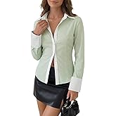 KIFOVEN Women's Striped Button Down Shirts Long Sleeve Patchwork Collar Neck Blouse Tops