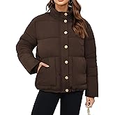Funlingo Women's Cropped Puffer Jacket Winter Stand Collar Zip Up Snap Button Warm Lightweight Short Quilted Coat