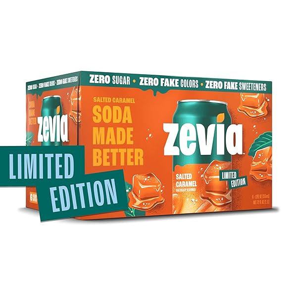 ZEVIA ZERO SUGAR SODA, SALTED CARAMEL, 12 OZ CANS (6-PACK) – CAFFEINE FREE, NATURALLY SWEETENED, NO CALORIE SODA – NON-GMO PROJECT VERIFIED, GLUTEN-FREE, VEGAN
