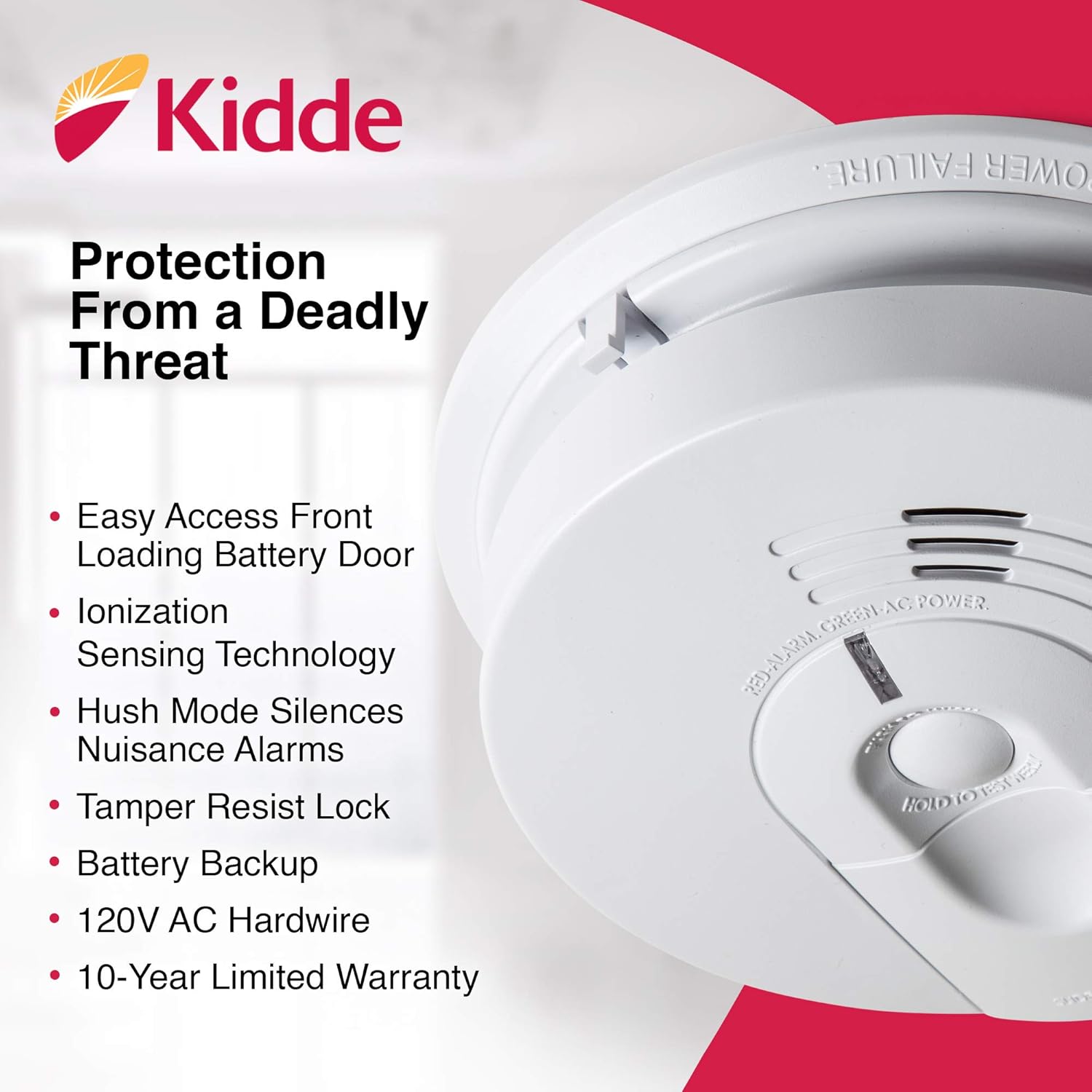 Kidde 21026063 AC Hardwired Smoke Detector Alarm with 9V Back up and Front Load Battery Door - - 
