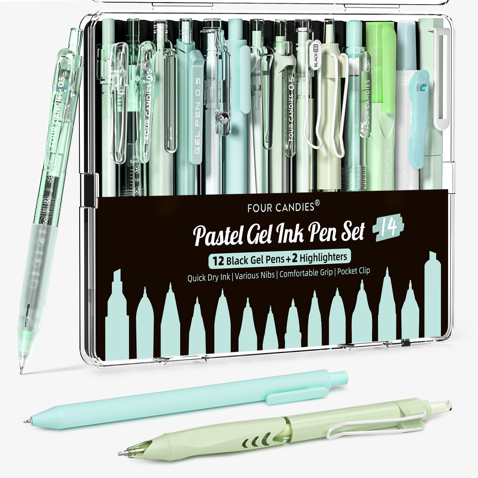 Four Candies 14Pack Pastel Gel Ink Pen Set,Cute Retractable 0.5mm Fine Point Pen,Note Taking Aesthetic Pens,12 Pack Black Ink Pens with 2Pcs Highlighter, Smooth Writing Pens for School, Office (Green) — image 1
