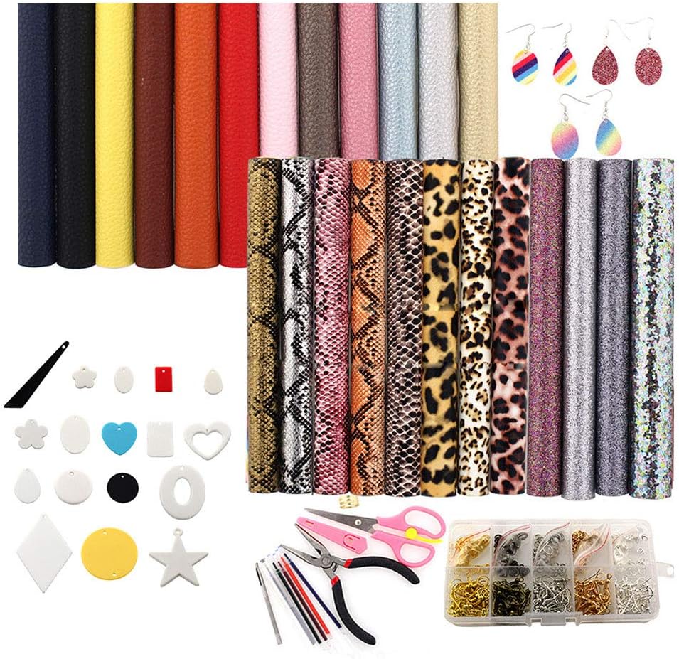 YAONIEO Faux Leather Sheets, Leather Earring Making Kit with 24 Pcs Leather Sheets Earring Hooks Jump Rings Cut Molds Stickers and Tools for Earring Making Starter