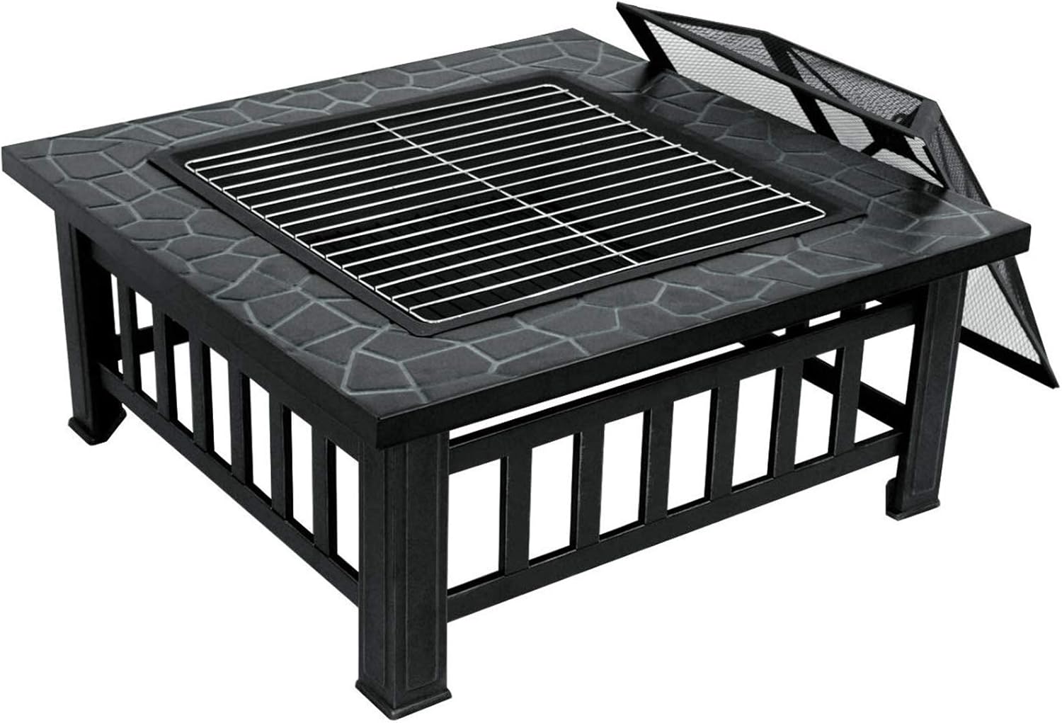 ZENY Outdoor 32’’ Metal Fire Pits BBQ Square Table Backyard Patio Garden Stove Wood Burning Fireplace with Spark Screen Cover, Poker, Cover, Grill : Garden & Outdoor