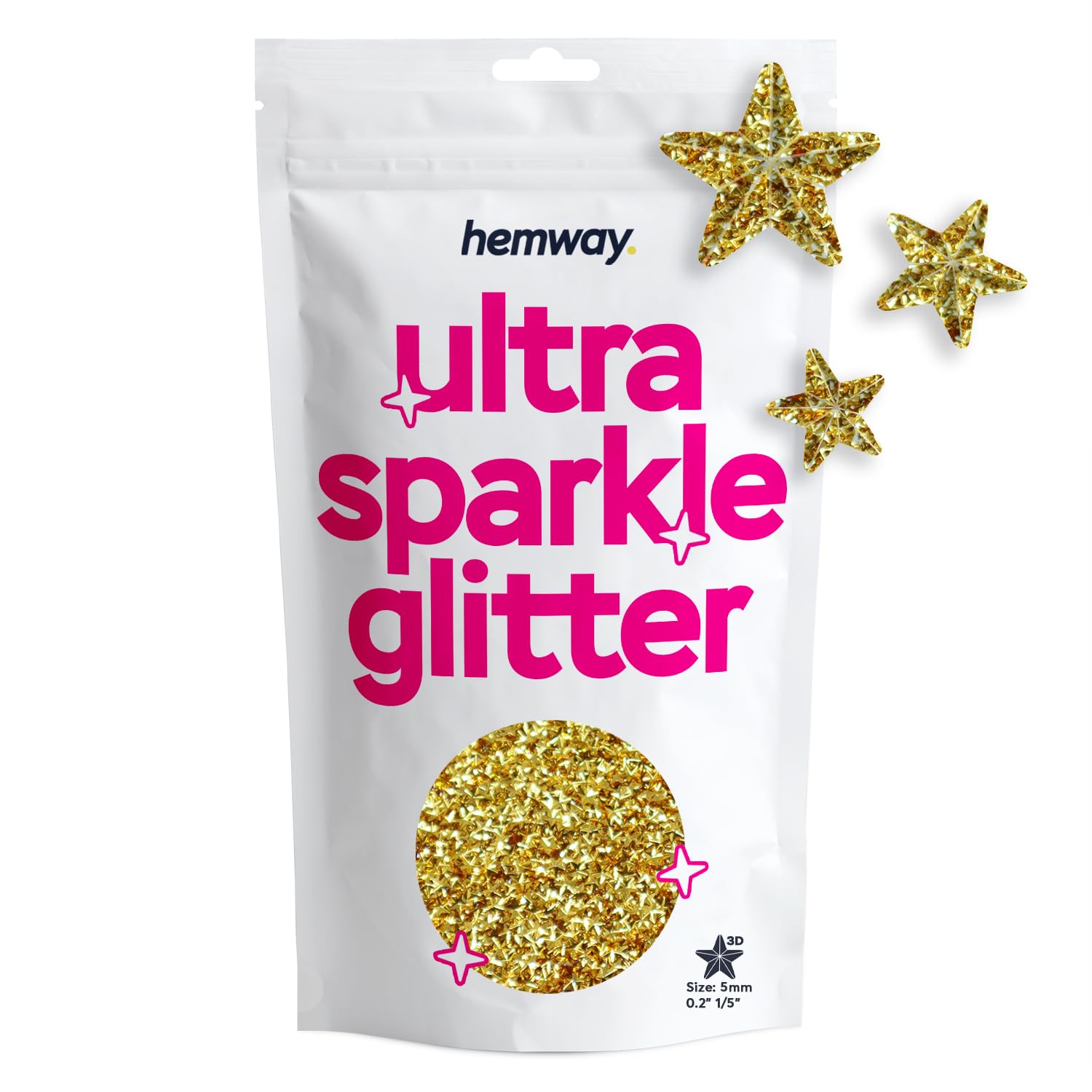 Hemway Ultra Sparkle Glitter 3D Star Shape, 50g, Gold | Shaped Glitter for Arts & Crafts, Nail Art, Crafting, Card Making, Sparkle Decoration