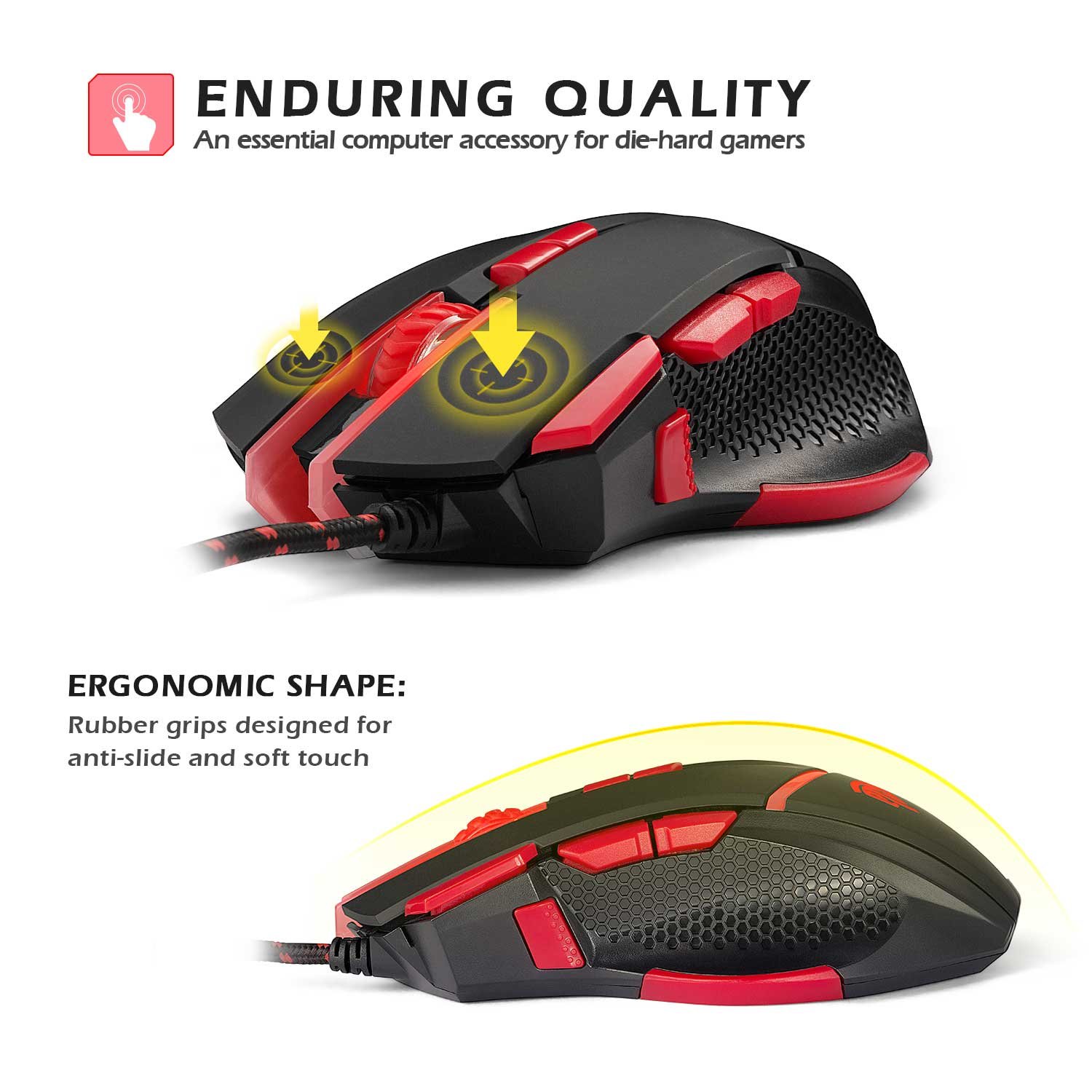 [Wired Gaming Mouse 4000 DPI 9 Buttons Programmable] EasySMX V18 Optical Mouse Weight Tuning Set Non-slip Design with LED Light Fire/Sniper Button for Laptop PC Computer Gamer (Black and Red)