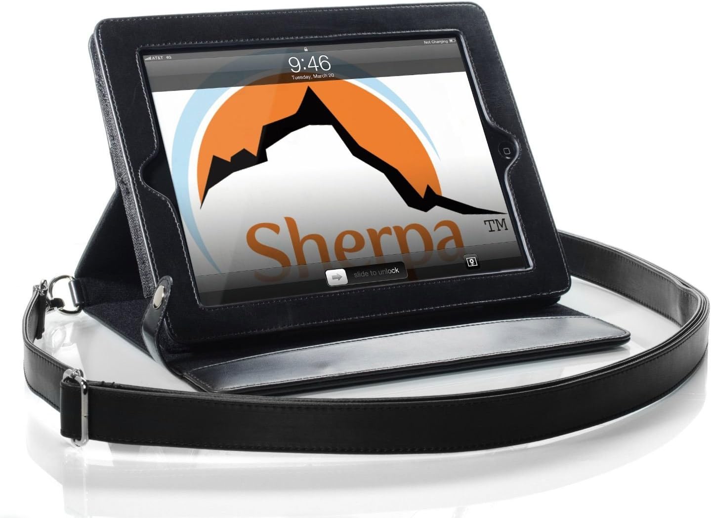 Sherpa Magnetic Folio Case for Apple iPad 2/3/4 with Shoulder Strap in Midnight Black (Vintage Grain Faux-Leather, Adjustable Shoulder Strap, Sleep/wake Cover, Stand Function w/Multiple Angles)