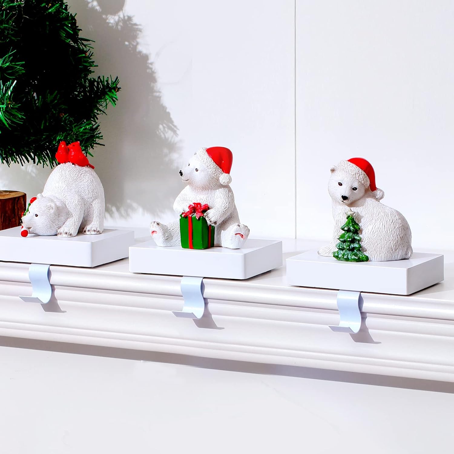 Stockings & Holders - UNIQOOO Handmade White Polar Bear Christmas Stocking Holders, Large 3Pcs Mantel Hook Set with Base Pads, Holds 2 Lb, Cubs with Xmas Tree, Candy Cane, Birds Fireplace Stocking Hanger Décor for Garlands