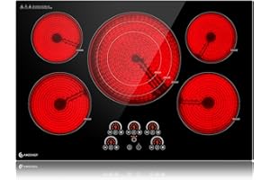 AMZCHEF Electric Cooktop 30 Inch,5 Burners Built-in Electric Stove Top,Max 9000W Ceramic Glass Countertop with Touch Control,9 Heating Level,Triple Zone,Safety Lock