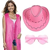 MAKCNMYM Cowgirl Outfits for Women 60s 70s Hippie Sleeveless Fringe Vest with Cowboy Hat and Sunglasses Halloween Costumes