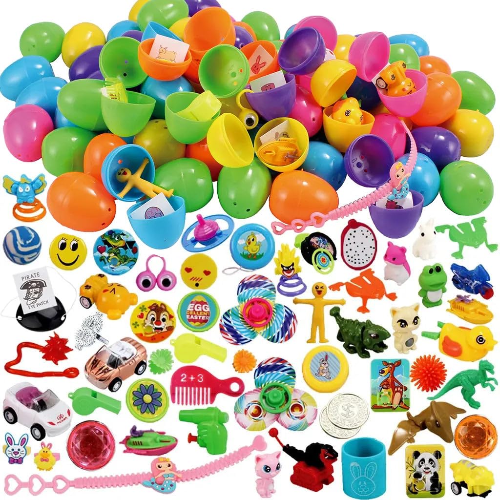 JOYIN 80 Pcs Pre Filled Easter Eggs with Novelty Toys and Stickers, Bright Plastic Easter Surprises Eggs for Easter Basket Stuffers, Easter Party Favors, Easter Egg Hunt Gift, Party Bag Fillers
