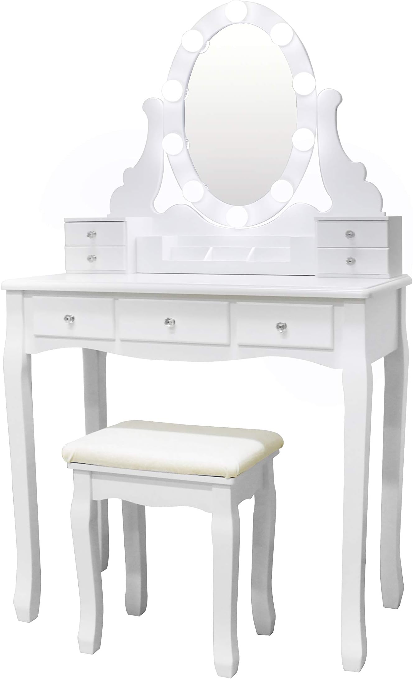 YOUKE Makeup Vanity Set with 360° Rotating Lighted Mirror and Cushioned Stool, Dressing Table with 7 Drawers and 10 LED Bulbs for Girls and Women, White