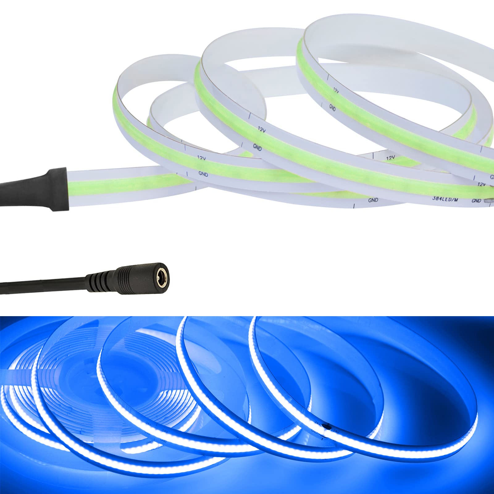 RYE 4M DC12V COB LED Blue Strip Light,320 LEDs/M,0.5~5M Rope/Tape Light DIY as TV Backlight,Kitchen Under Counter/Cabinet/Wardrobe/Cupboard/Stairs Step Light,Power Supply Excluded.