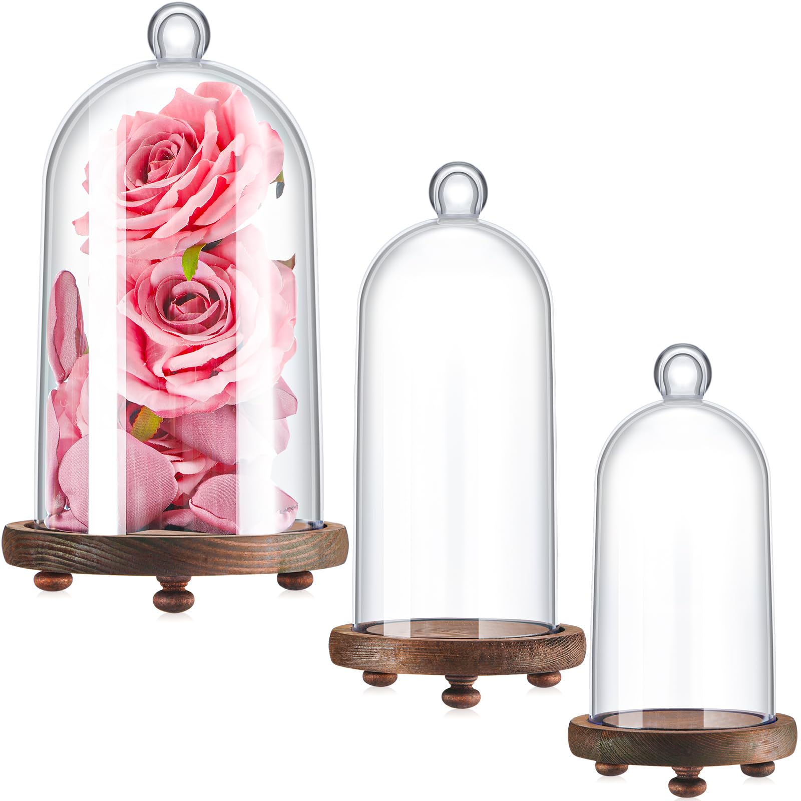 Photo 1 of Teenyyou 3 Pcs Plastic Cloche Dome with Wooden Base, Clear Bell Shape Dome 9"/7.9"/6.5" Cloche Display Various Antique Collectibles Plants Specimens Women Decorations Accessories (Large)