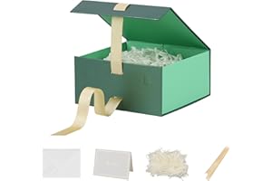 BOXSKIVRA Skivra Green Gift Box with Ribbon - 1 Pack, 6x6x3 Inch Small Luxury Gift Box with Lid, Magnetic Closure, Rectangle, Collapsible, Includes Shredded Paper Filler & Card
