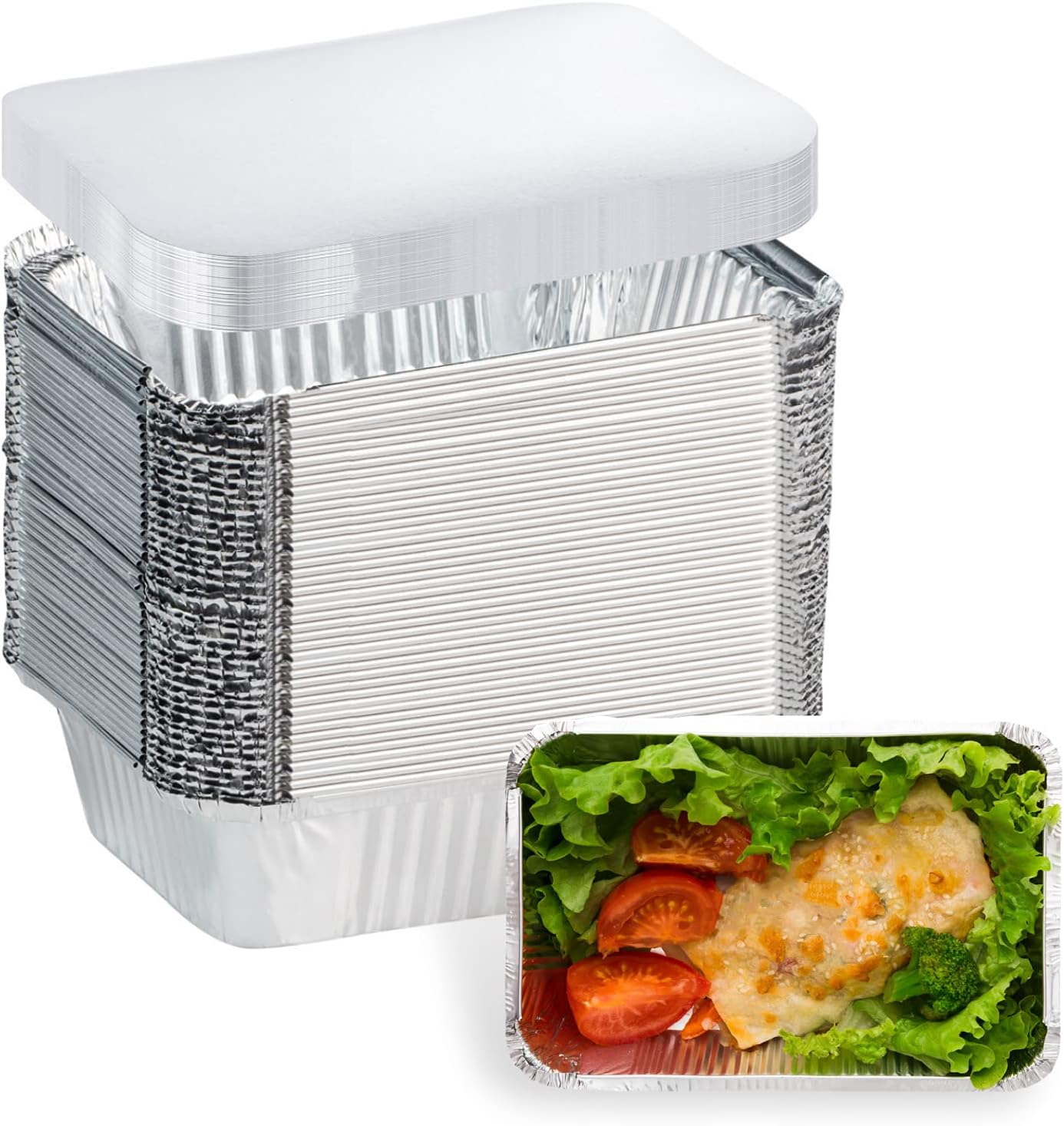 50 Pack Aluminum Pans Disposable Food Containers with Lids - 1.5 LB Heavy Duty Tin Foil Pans - 7