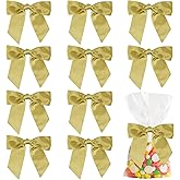 AIMUDI Satin Twist Tie Bows for Treat Bags 4.5" Pre-Tied Gold Bows with Twist Ties Gold Ribbon Bows for Crafts Premade Bows for Gift Wrap Christmas Tree Wedding Decor Party Favors Goodies - 36 PCs