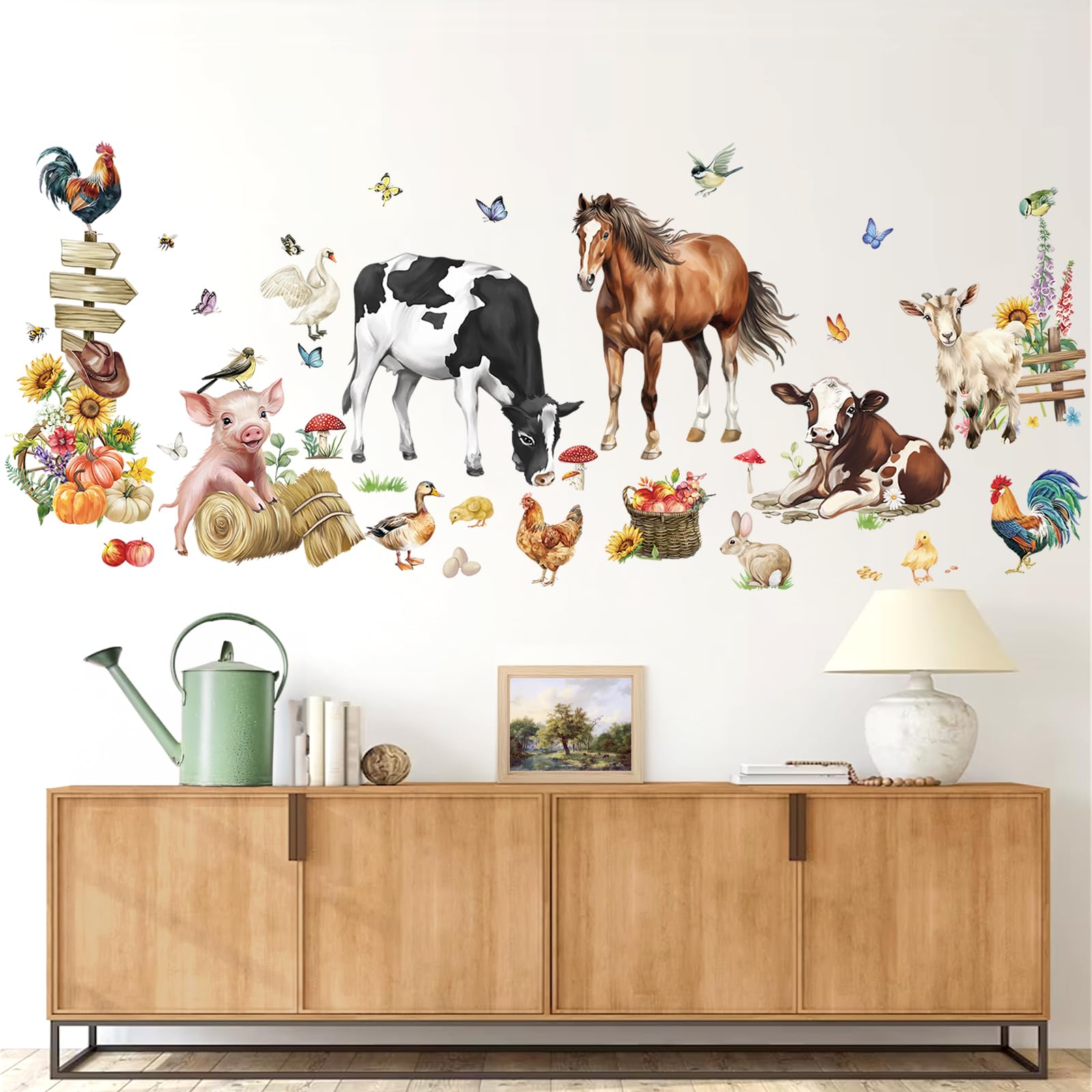 wondever Farm Animals Cow Horse Wall Stickers Farmhouse Roosters Peel and Stick Wall Art Decals for Kitchen Dining Room Kids Room