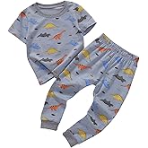 Ukyzddio Little Boys Cotton Pajamas Sets Short Sleeve Top with Long John Snug Fit 2 Piece Sleepwear