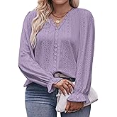 VOGRACE Plus Size Tops for Women V Neck Ruffle Long Sleeve Eyelet T Shirt Trendy Lace Crochet Casual Hollow Blouses Tees