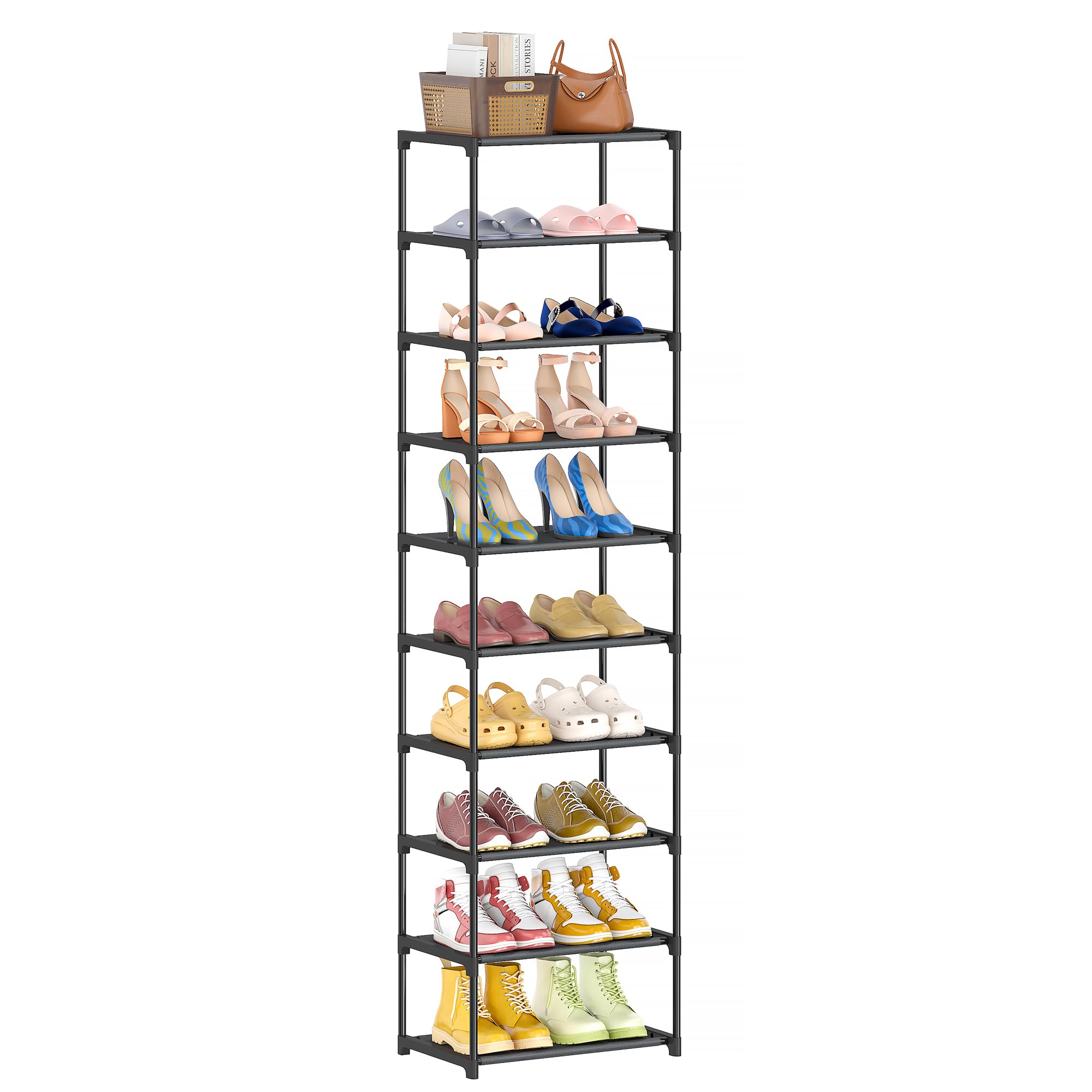 Photo 1 of Autonomier 10 Tier Tall Shoe Rack, Non-Woven Fabrics Compact Narrow Shoe Stand Shelf, Vertical Small Space Saving Storage Organizer for Closet Floor, Front Door Entrance, Entryway, Black