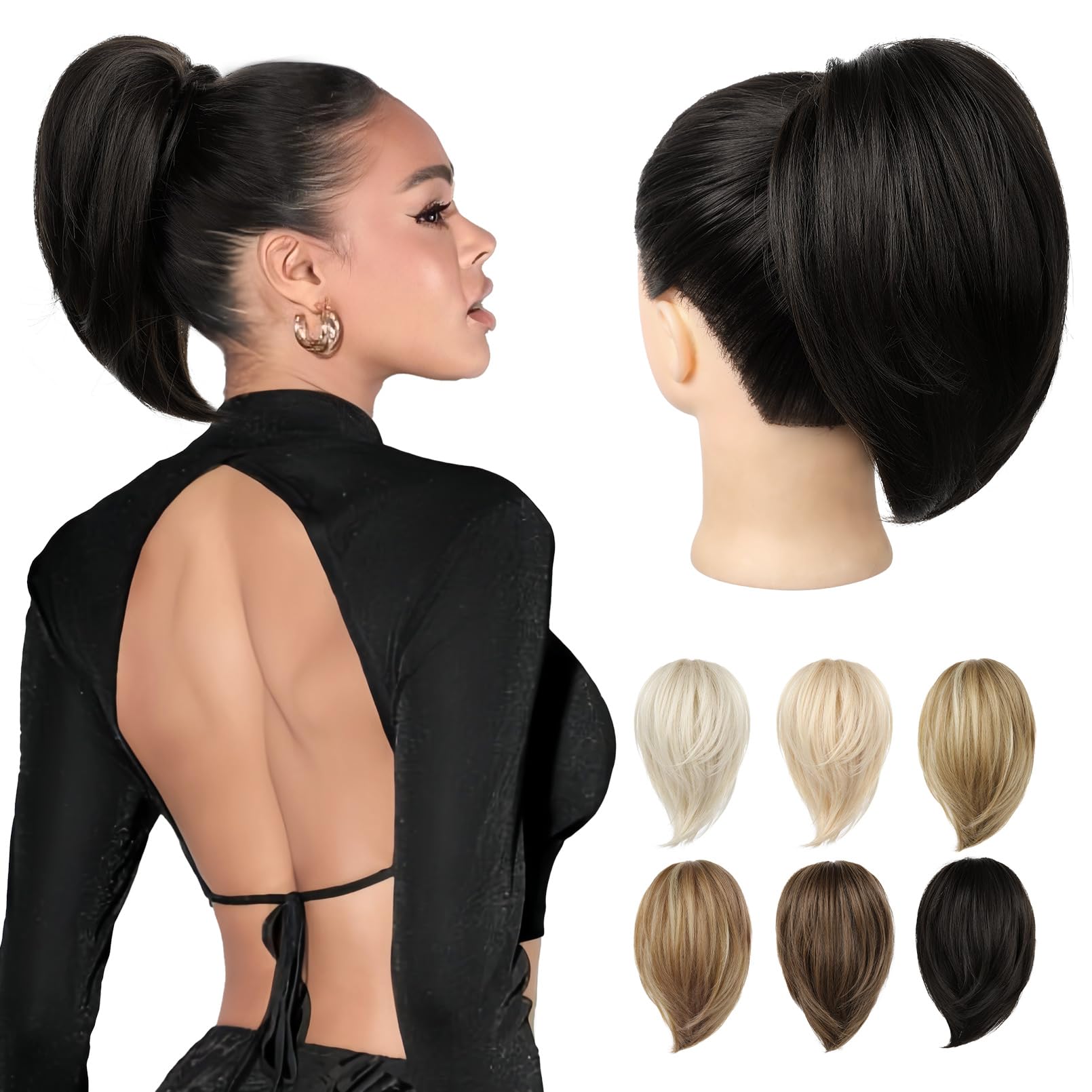 REECHO Ponytail Extension，Claw Clip Hair Bun Hair Piece Short Straight Ponytail Hair Extensions Messy Hair Bun Natural Synthetic Fake Ponytail Hair Pieces for Women- Black Brown