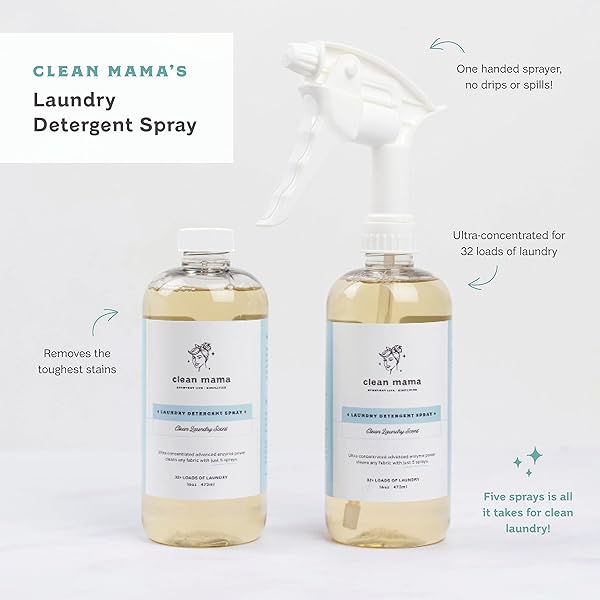 CLEAN MAMA LAUNDRY DETERGENT SPRAY & PRE-TREATER – NATURAL LAUNDRY DETERGENT SOAP FOR SENSITIVE SKIN – ECO-FRIENDLY, HE COMPATIBLE – UNSCENTED – 64+ LOADS OF LAUNDRY, STARTER + REFILL, 16 OZ EACH