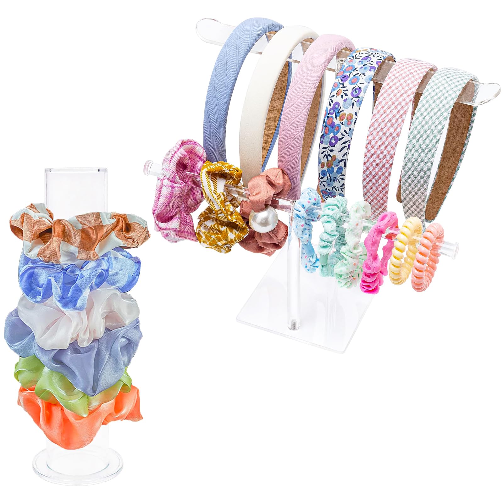 IBEQUEM 2Pcs Acrylic Scrunchie Holder Stand, Detachable Headband Organizer, Clear Bracelet Stand for Headband Chain Jewelry Necklace, Hair Accessories Display Organizer for Teen Girls and Women Gifts