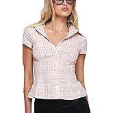 Womens Button Down Shirts Short Cap Sleeve V Neck Collared Plaid Waisted Blouses Summer Casual Tops