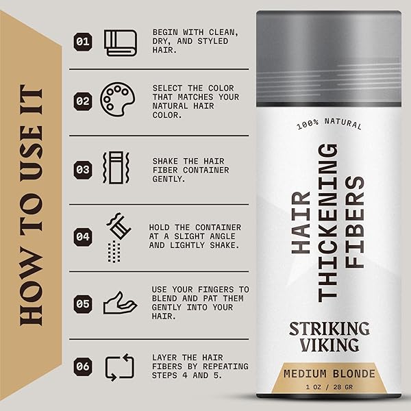 STRIKING VIKING HAIR FIBERS (MEDIUM BLONDE) 28G – NATURALLY DERIVED, LONG-LASTING BUILDING POWDER – UNDETECTABLE FOR THINNING HAIR, FOR MEN & WOMEN