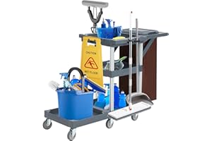 Commercial Janitorial Cleaning Cart on Wheels - Black Housekeeping Caddy with Cover, Shelves and Vinyl Bag
