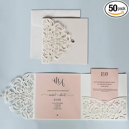 Picky Bride Laser Cut Wedding Invitations Pocket Wedding Invite Cards With Rsvp And Envelopes Set Of 50pcs