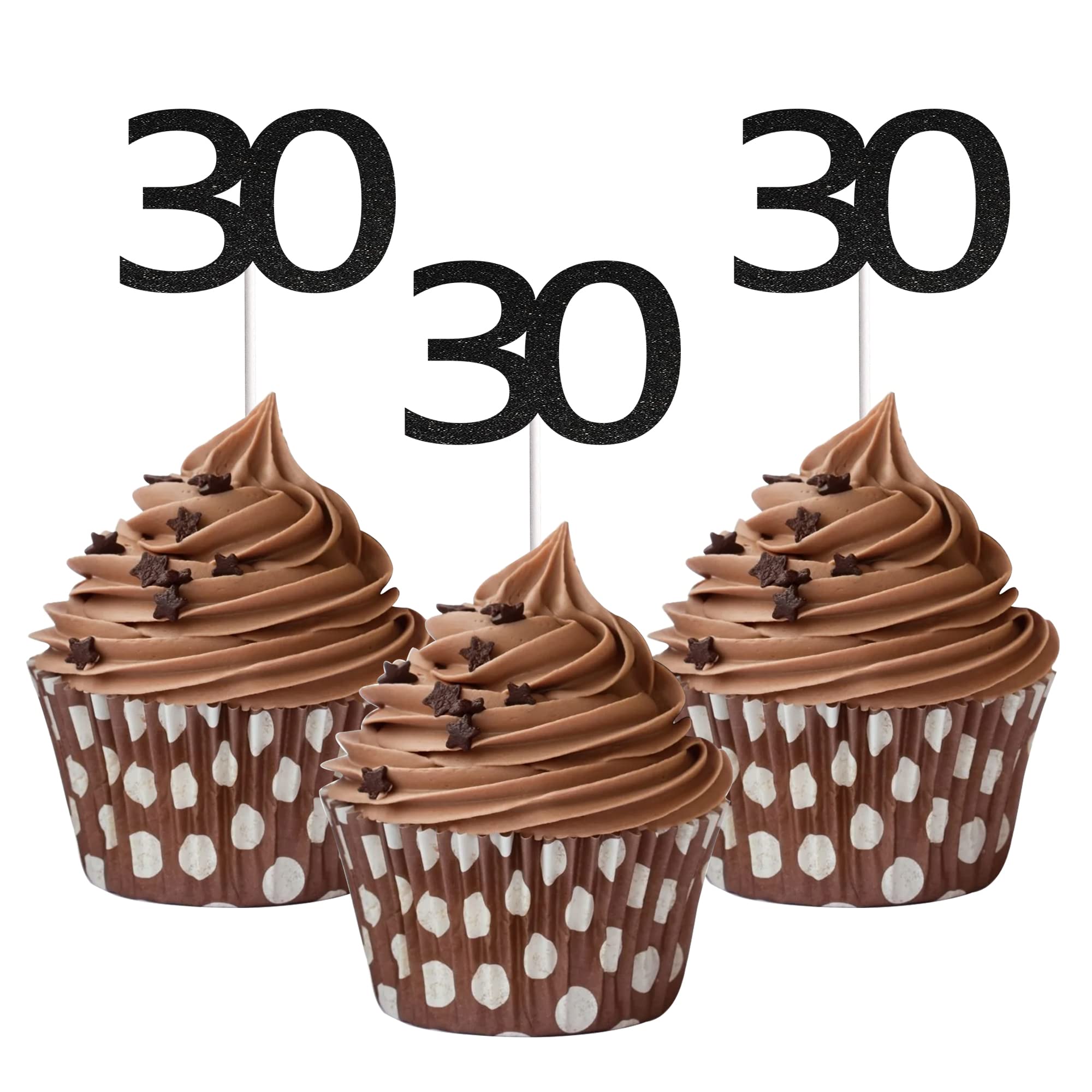 Sumerk 24PCS 30 Cupcake toppers Black Glitter 30th Birthday Cupcake Picks Anniversary Party Decorations