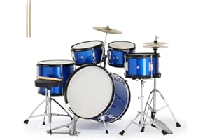 Ktaxon 5-Piece Complete Junior Drums Set, 16 Inch Beginners Drum Kit with Throne Stool, Pedal & Drumsticks, Drums Musical Instruments W/Cymbal, Hi-Hat, Floor, Tom and Snare Drum (Dark Blue)