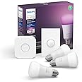 Philips Hue White and Color Ambiance Base Lumen (60W) Smart Button Starter Kit, 16 Millions Colors, Works with Amazon Alexa, 