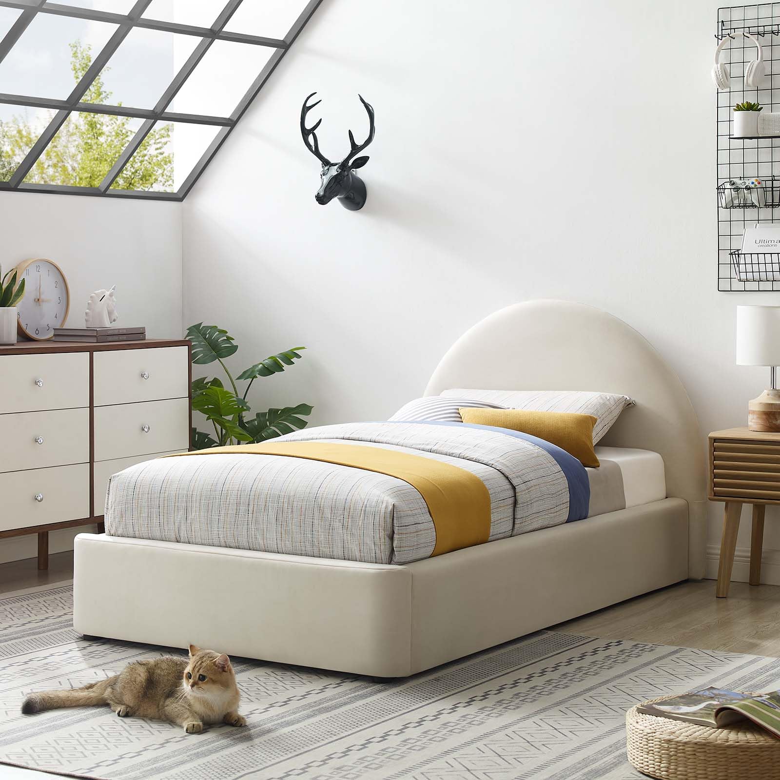 Photo 1 of *** BOX 2 ONLY***Modway Resort Twin Size Platform Bed with Arch Shaped Round Headboard in Alabaster, Upholstered Bed Frameain-Resistant Performance Velvet, Soft Cloud Bed Frame, No Box Spring Needed