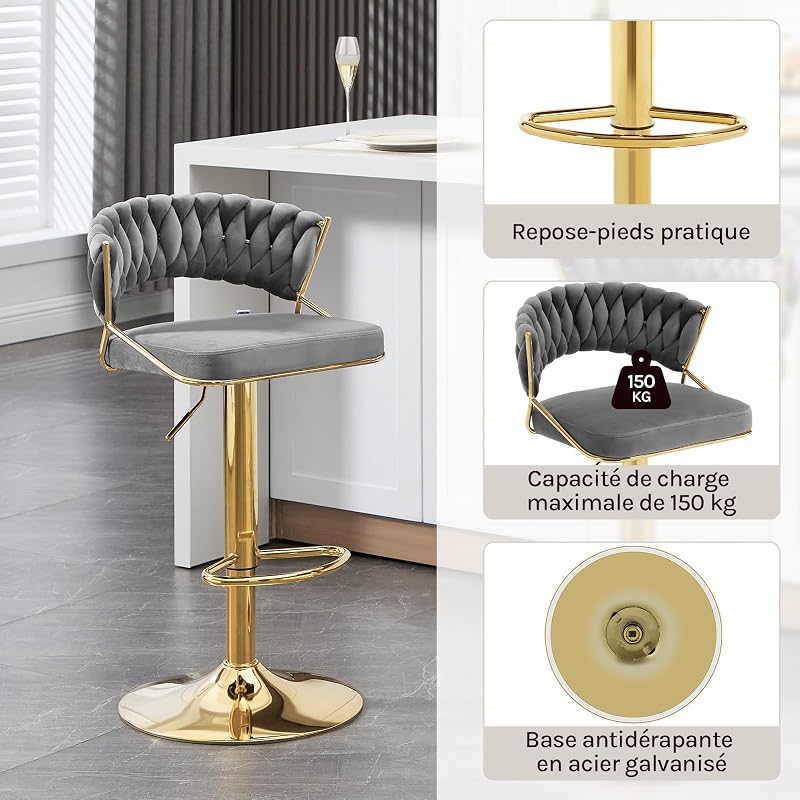 Lot de 2 Tabouret de Bar avec Dossier Tissé et Repose-Pieds, Tabouret Pivotant, Hauteur Réglable, Base Évasée en Métal + Siège en Velours, Gris foncé, BH427dgr-2 — photo 4 sur 8