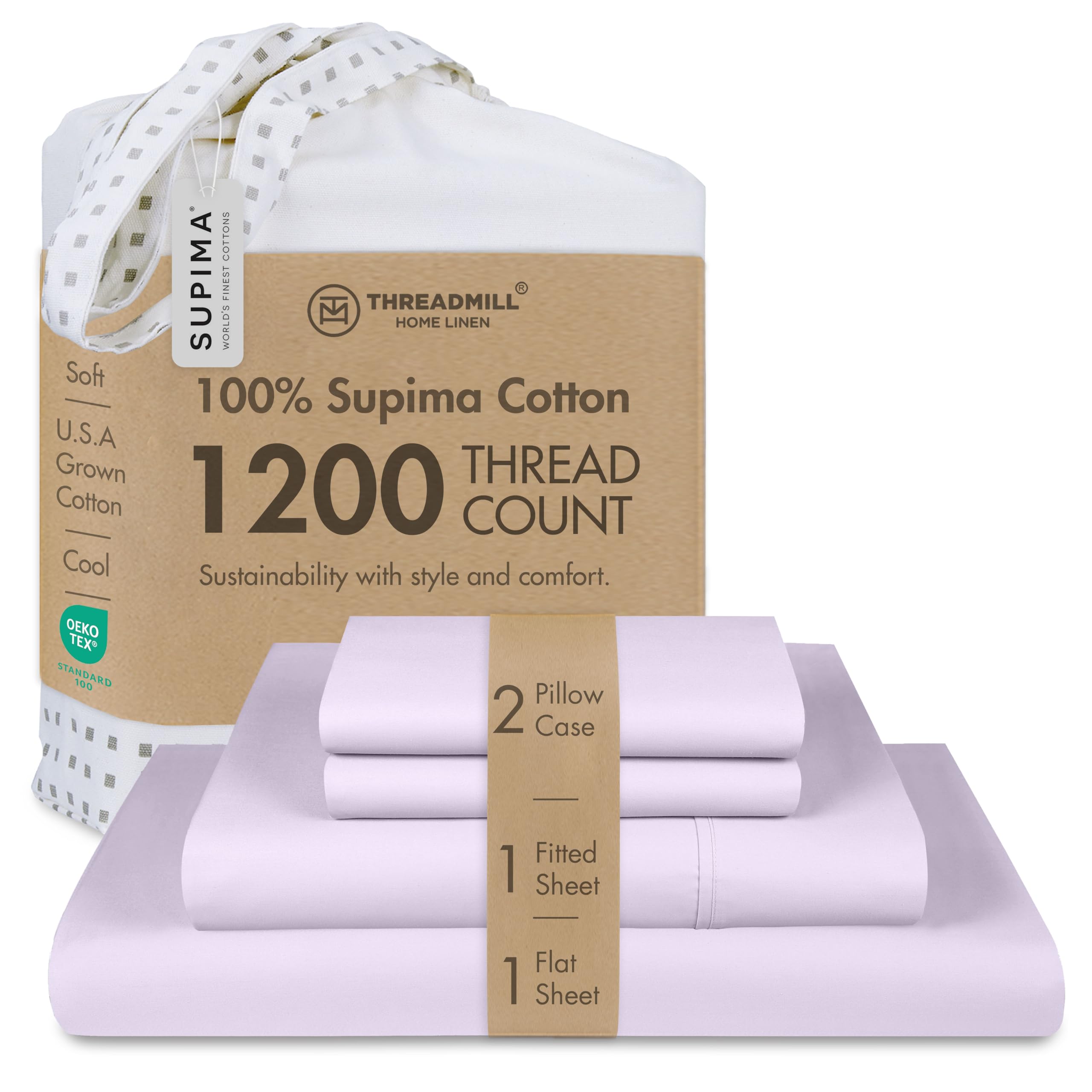 Threadmill Luxury Full Size Sheets for Full Size Mattress, 1200 Thread Count Supima Cotton Sheets for Full Mattress, 5-Star Hotel Quality 4 Piece Bed Sheets with Extra Deep Pocket, Lilac