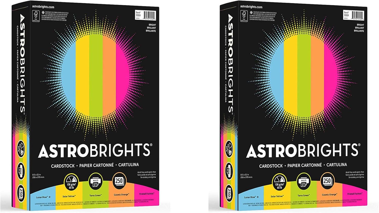 Astrobrights Colored Cardstock, 8.5” x 11”, 65 lb/176 gsm, “Bright” 5-Color Assortment, 250 Sheets (99904): Office Products