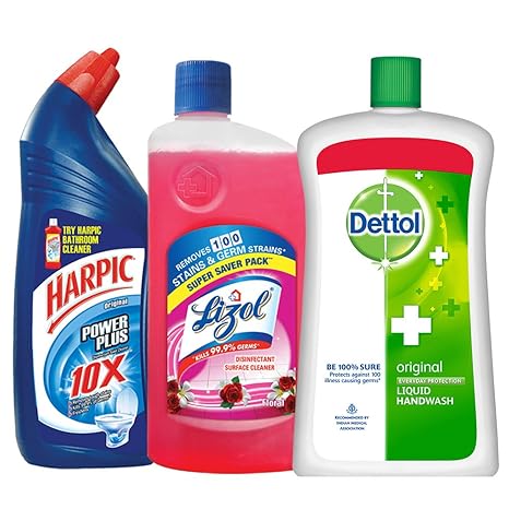 Harpic Household Cleaning Kit (Harpic - 1 L (Rose), Lizol - 975 ml (Floral), Dettol Hand Wash - 900 ml (Original)