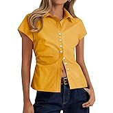 Cicy Bell Womens Summer Button Down Shirts Short Sleeve Slim Fit Ruched Cotton Blouses Cute Going Out Tops