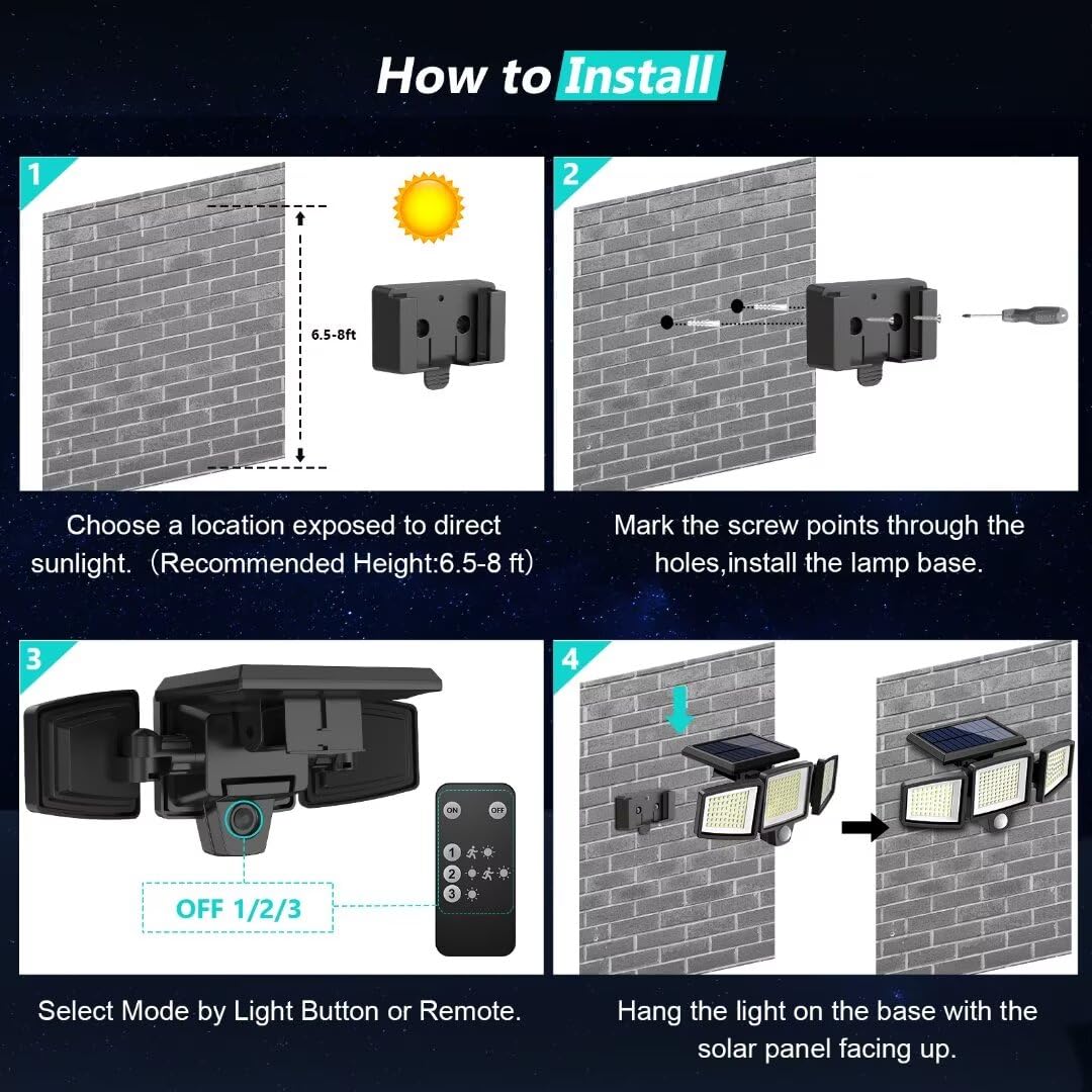 Tuffenough Solar Outdoor Lights 2500LM 210 LED Security Lights with Remote Control,3 Heads Motion Sensor Lights, IP65 Waterproof,270° Wide Angle Flood Wall Lights with 3 Modes(4 Packs)