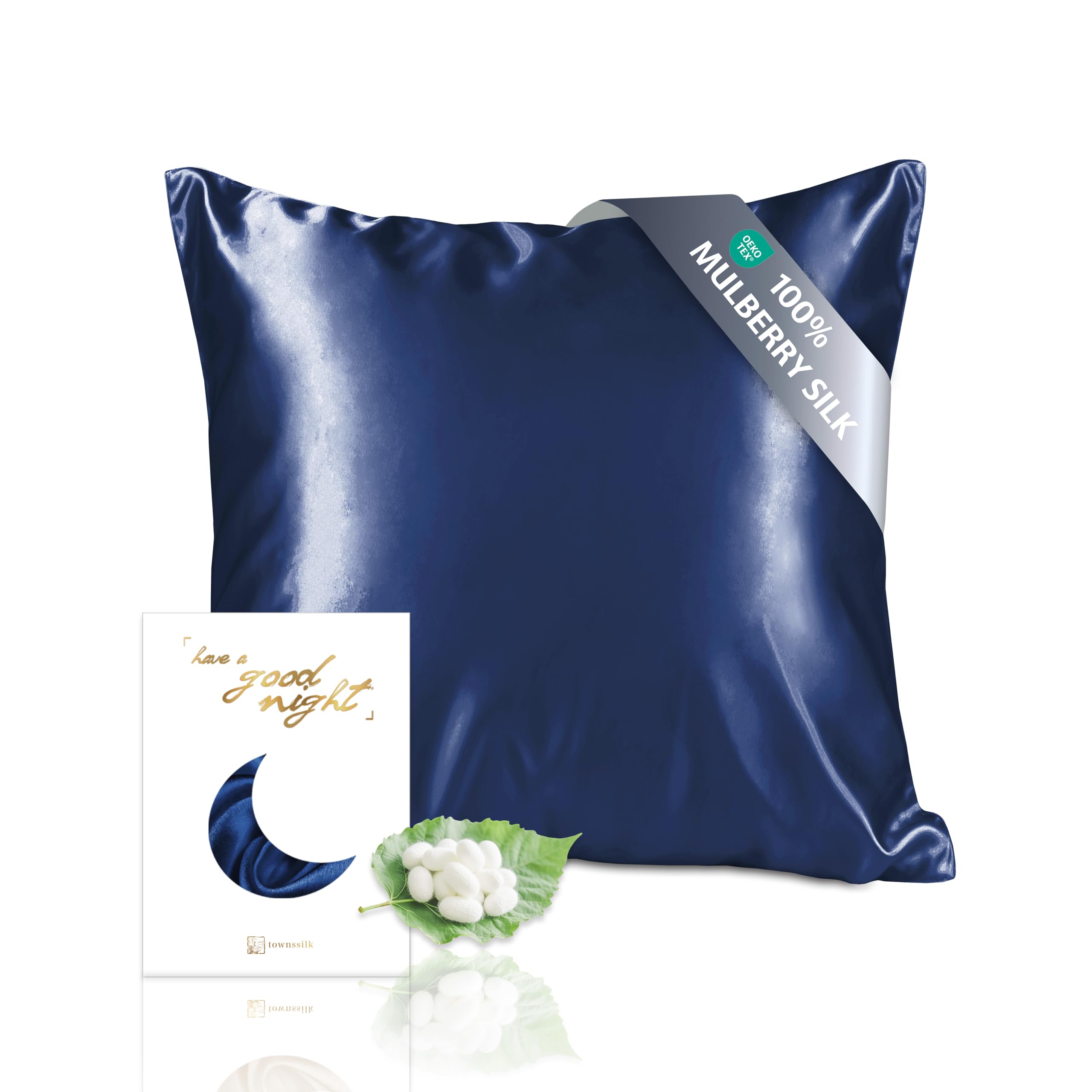 townssilk Cushion Cover, 100% Silk, 19 Momme Pure Mulberry Silk Double-Sided for Hair and Skin Health, Hidden Zipper, Thread Count 600, 1pc., 60x60cm, Navy Blue