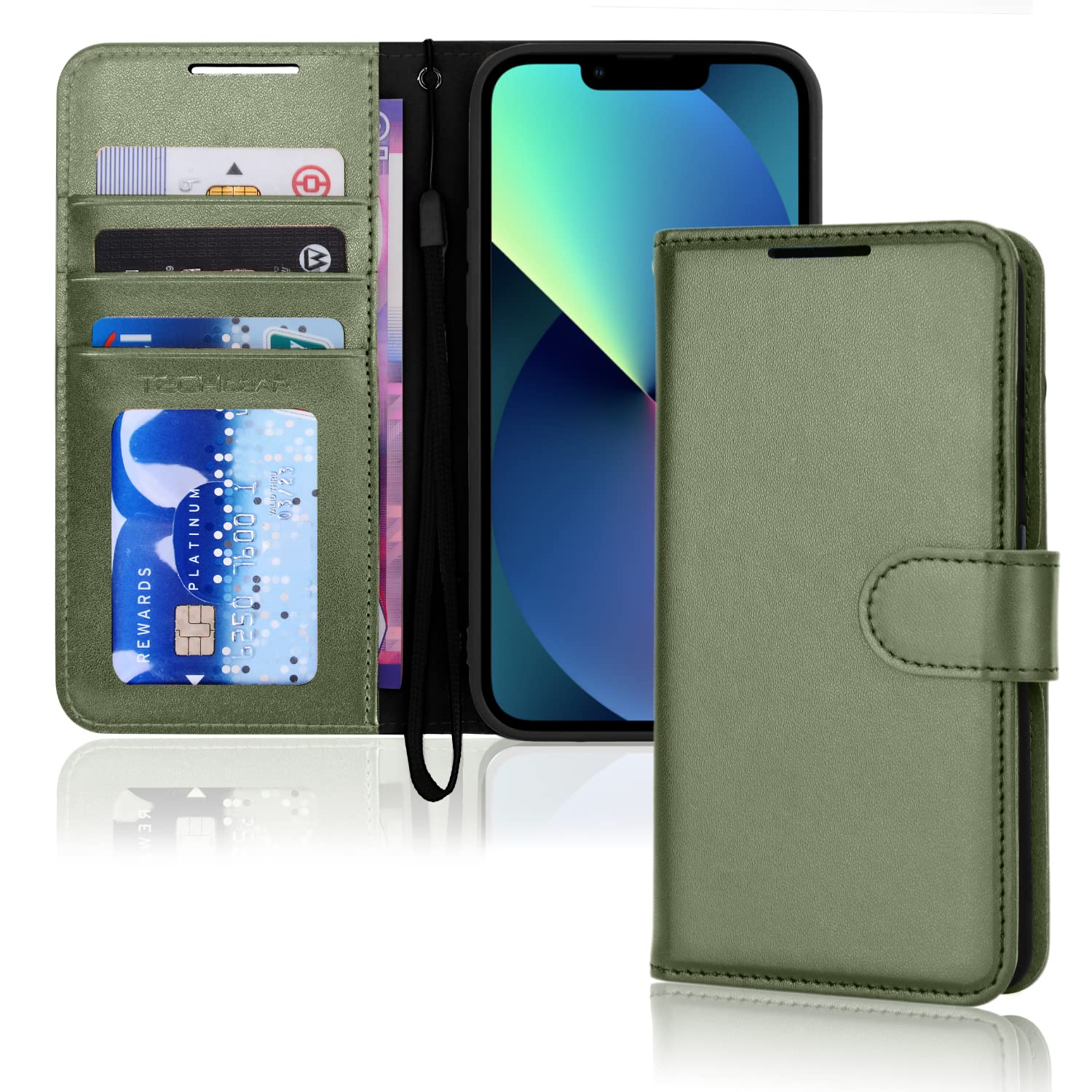 TECHGEAR iPhone 13 Leather Wallet Case, Flip Protective Case Cover with Wallet Card Holder, Stand and Wrist Strap - Green PU Leather with Magnetic Closure for iPhone 13 6.1"