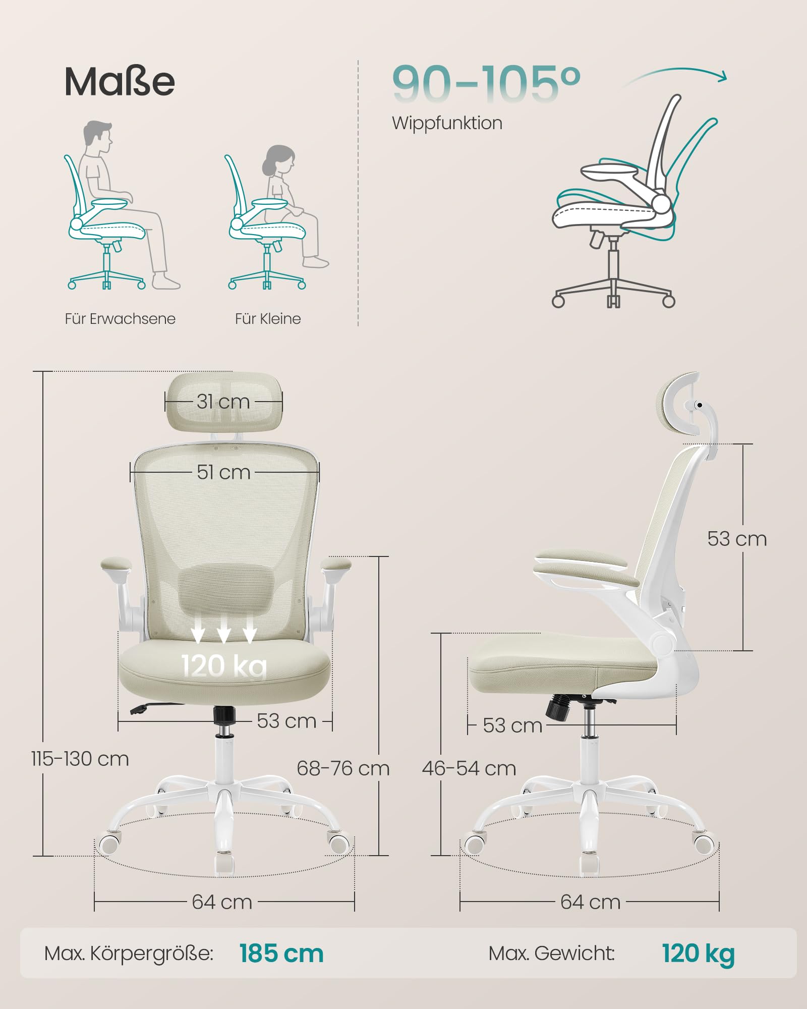 SONGMICS Bürostuhl ergonomisch, Drehstuhl mit Mesh, Lenden- und Kopfstütze, Wippfunktion, 53 cm große Sitzfläche, klappbare Armlehnen, Arbeits- und Schlafzimmer, Studenten, cappuccinobeige OBN047K01 2