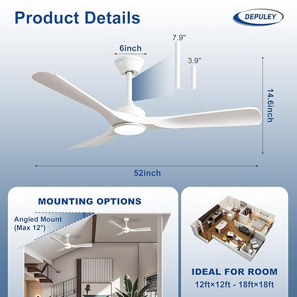 DEPULEY CEILING FAN WITH LIGHT AND REMOTE: 52 INCH WHITE 3 BLADE OUTDOOR FANS FOR PATIOS – DIMMABLE INDOOR FAN WITH REMOTE CONTROL FANDELIER CEILING FANSULTRA QUIET DC MOTOR REVERSIBLE 6 SPEED TIMER
