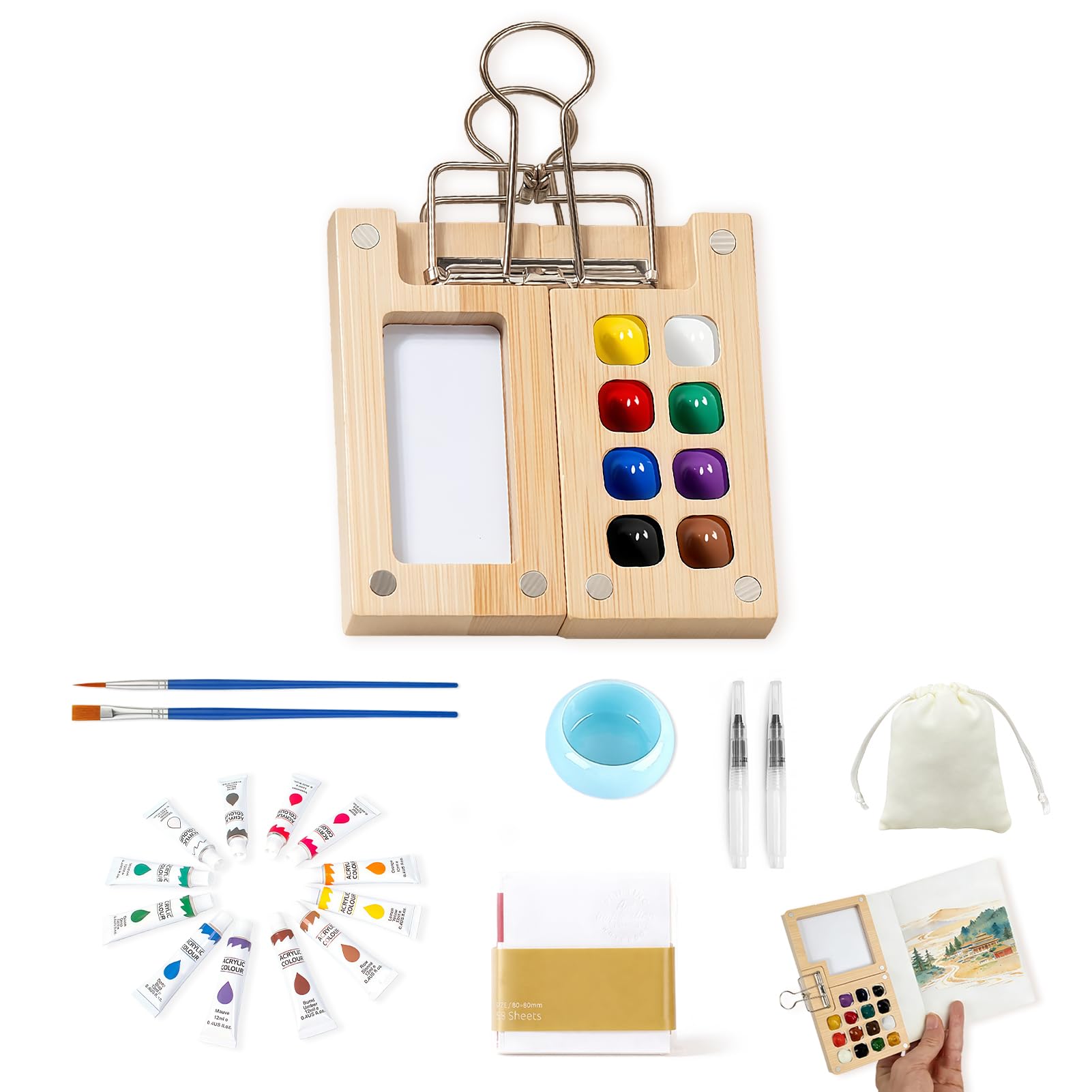 EVOCKAY Mini Watercolor Paint Set Bamboo Travel Kit with Watercolor Palette Paintbrush Storage Bag and Water Storage Bottle Ready to Use Watercolor Sets for Artists and Beginners（8 squares）
