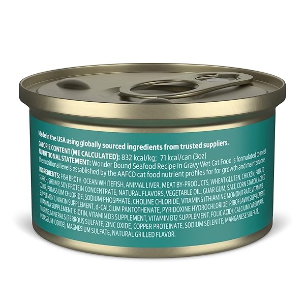 AMAZON BRAND – WONDER BOUND WET CAT FOOD, GRAVY, NO ADDED GRAIN, 3 OZ CANS, PACK OF 24 (SEAFOOD)
