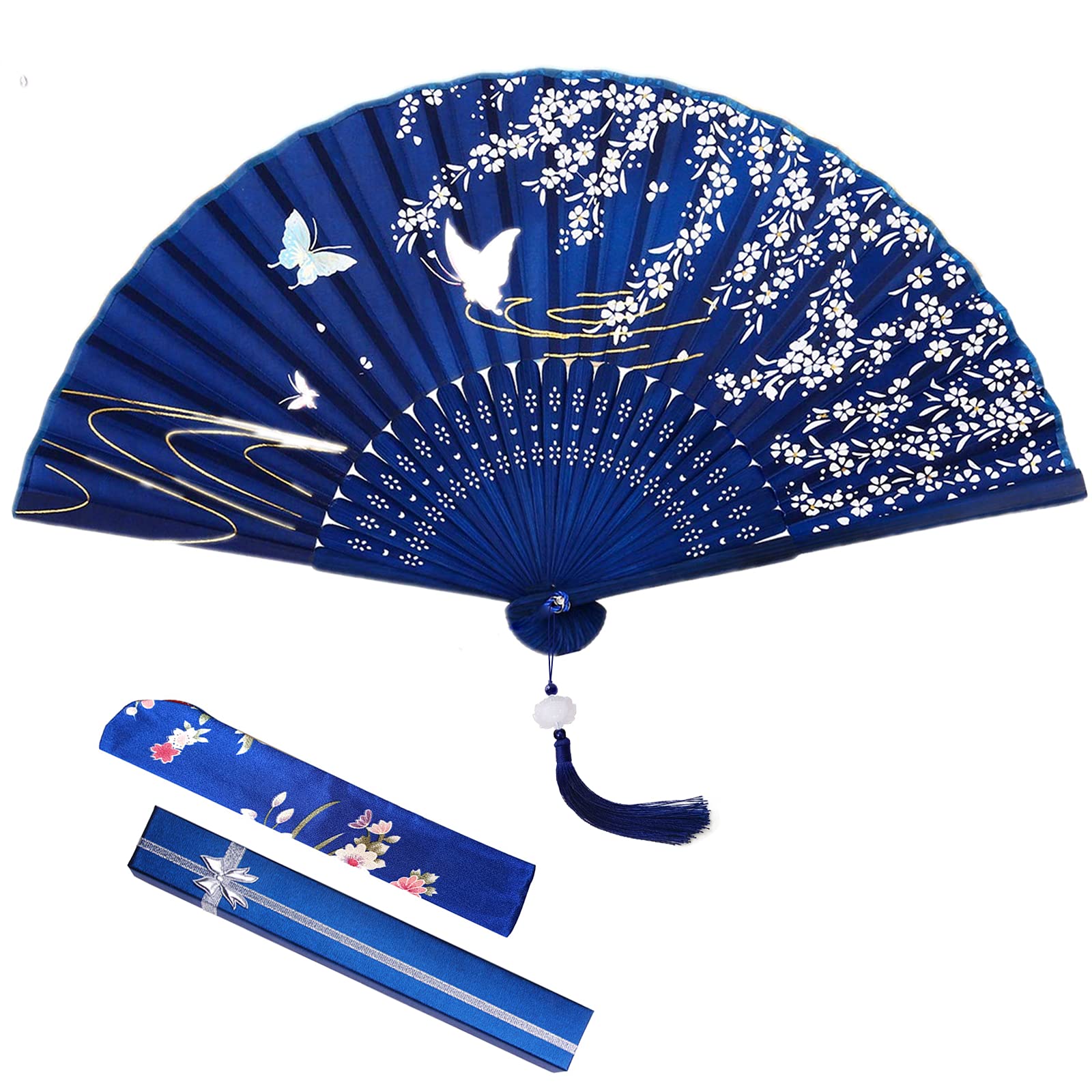 Folding Hand Fan with Lotus Pendant, Silk Fabric Handheld Fans Hand Fan Folding with Gift Box, Hollow Carved Bamboo Hand Fans for Birthday Gifts, Dancing, Performance, Wedding, Home Decoration (Blue)